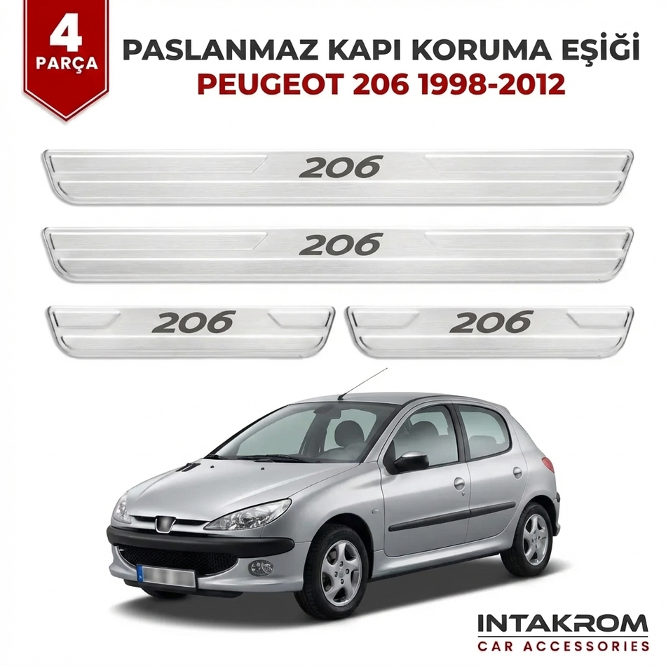Peugeot 206 1998-2012 Uyumlu Satine Krom Kapı Koruma Eşiği 4 Parça