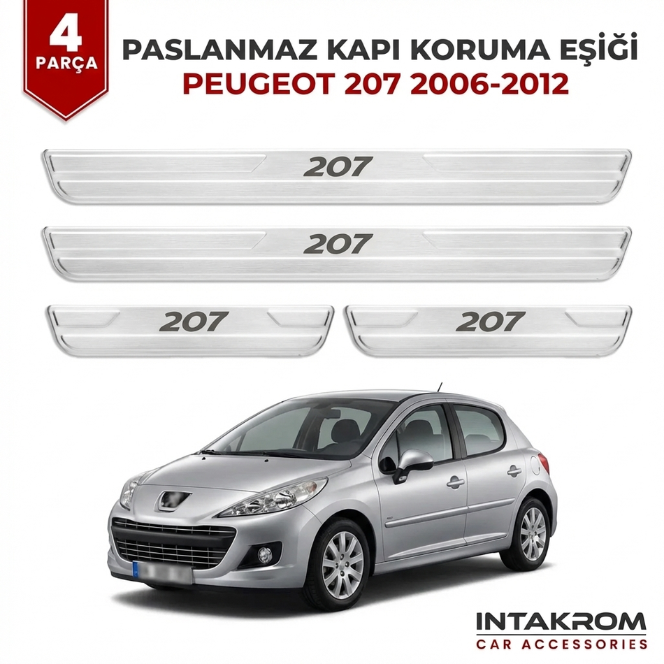 Peugeot 207 2006-2012 Uyumlu Satine Krom Kapı Koruma Eşiği 4 Parça