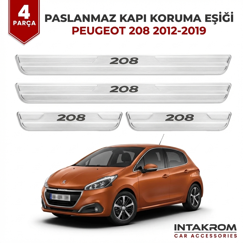 Peugeot 208 2012-2019 Uyumlu Satine Krom Kapı Koruma Eşiği 4 Parça