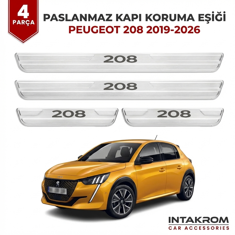 Peugeot 208 2019-2026 Uyumlu Satine Krom Kapı Koruma Eşiği 4 Parça