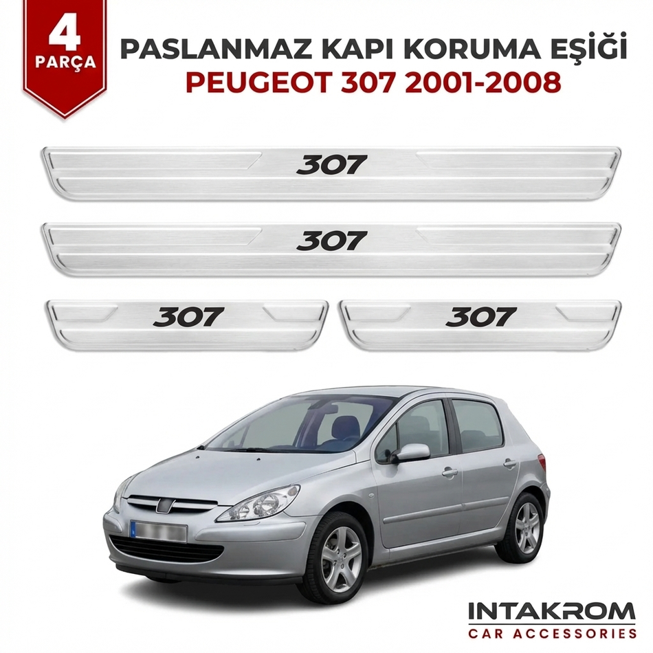 Peugeot 307 2001-2008 Uyumlu Satine Krom Kapı Koruma Eşiği 4 Parça