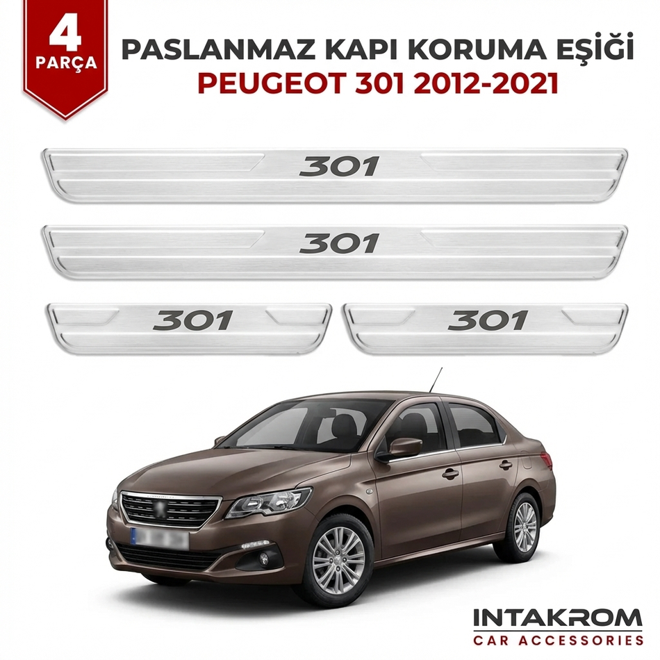 Peugeot 301 2012-2021 Uyumlu Satine Krom Kapı Koruma Eşiği 4 Parça