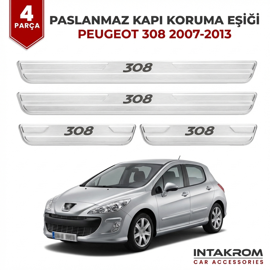 Peugeot 308 2007-2013 Uyumlu Satine Krom Kapı Koruma Eşiği 4 Parça