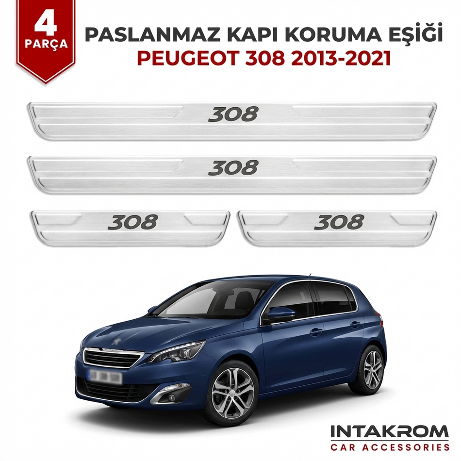 Peugeot 308 2013-2021 Uyumlu Satine Krom Kapı Koruma Eşiği 4 Parça