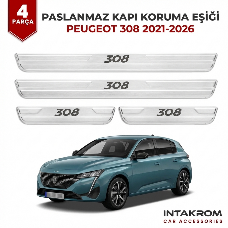 Peugeot 308 2021-2026 Uyumlu Satine Krom Kapı Koruma Eşiği 4 Parça