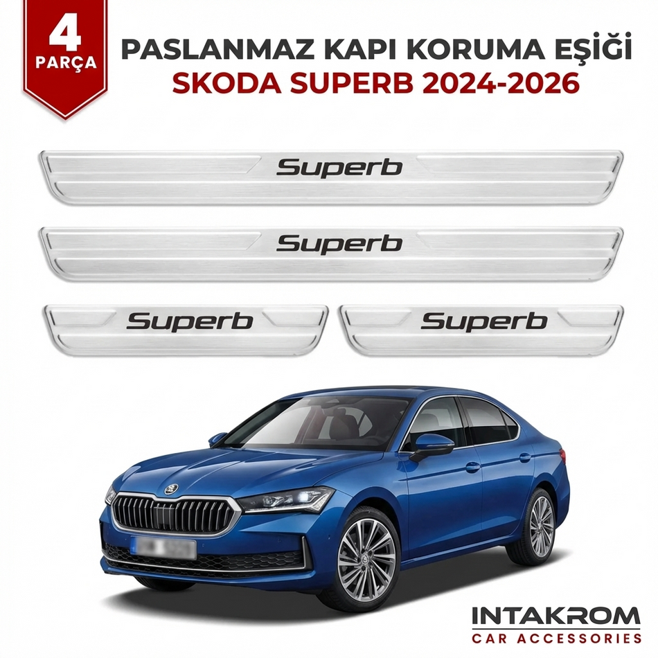 Skoda Superb 2024-2026 Uyumlu Satine Krom Kapı Koruma Eşiği 4 Parça